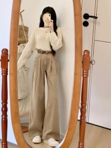 สูง เอว พลีท ขาตรง เดนิม กางเกง ผู้หญิง ฤดูใบไม้ผลิ ฤดูใบไม้ร่วง สีกากี หลวม ขากว้างบาง กางเกง กางเกงยีนส์ต่อต้านริ้วรอย