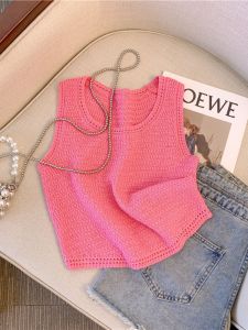 Pink Knitted Strap Vest Women Summer Thai Style Beachside Sweet And Spicy Jazz Top Outerwear Short Sleeve Hollow out Commute Style