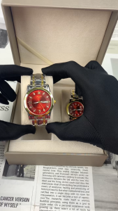 [Gift][With Box]ORUSS Original 2 Pcs Couple Stainless Steel Red Dial Dual Calendar Luxury Waterproof Luminous Watch Analog Fashion Korean Automatic Quartz Wrist Watch For Couple
