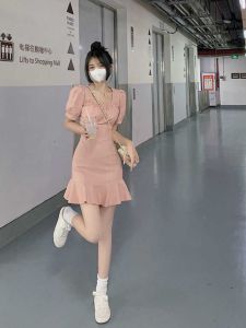 Pink Bubble Sleeve Dress Womens Summer 2025 New French Initial Short Skirt Elegant Korean Style High Waist A-Line Dress