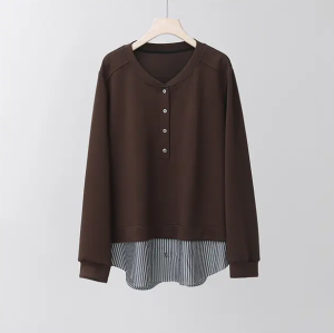 plus Size Striped Patchwork Shirt Sweatshirt Women Early Autumn Loose Belly Covering Slimming Top Layered Clothing