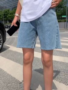 Denim Bermuda Shorts For Women: High Waist Loose Fit Design Tokong Raw Hem Womens Shorts Jeans Wide Leg Size:S-2XL