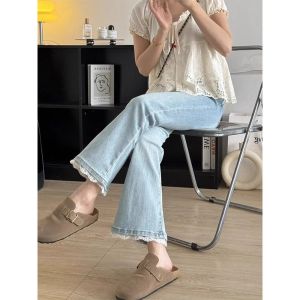 WANGGONGZHU | Light Blue Lace Nine-Tenths Jeans Women Summer New Plus Size Slimming Fashion Elastic Straight Micro Flared Pants Casual High Waist Wide Leg Zipper