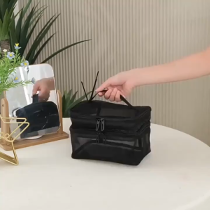 Double Layer Toiletry Cosmetic Bag Travel Mesh Storage Bag Beauty Case Makeup Organizer With Handle Wash Bag