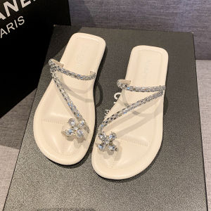 รองเท้าแตะส้นแบนประดับคริสตัลสำหรับผู้หญิง รองเท้าแตะชายหาดแบบสวมหัวสำหรับกลางแจ้งในช่วงฤดูร้อน รองเท้าแตะพื้นนุ่มแบบสวมหัว