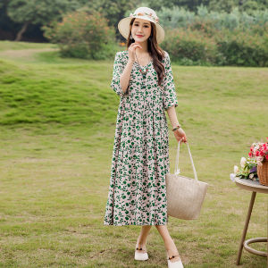 Summer Vintage Floral Large Size Loose Middle-Aged Womens Ethnic Style High-End Pure Cotton Silk Dress Elegant Mommy Clothes