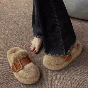 Womens Thick Bottom Fur Slippers Indoor Outdoor Wear Warmth Enhanced Head Covering Slip-On Flat Heel Rubber Soled Shoes