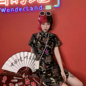 Váy Ngắn Bó Sát Màu Đen Thêu Rồng Phong Cách Trung Hoa Cho Nữ Sinh Viên Mùa Hè 2019 Thường Ngày Váy Công Sở Ngắn Tay Cổ Đứng