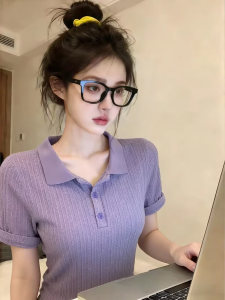 HUOLISI | Elegant Purple Polo Neck Short Sleeve T-Shirt for Women
