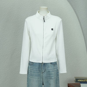 Korean Style Short Tailored Jacket Double Zipper Stand Collar Womens Slim Fit Cardigan Top Breathable Cotton Fashion Series