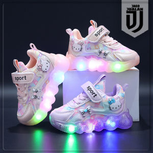 Sepatu Sneakers KITTY Lampu LED Anak usia 1 2 3 4 5 6 tahun / Sepatu Kets Tali Perekat Anak Cewek Motif Kartun Lucu / Sepatu MENYALA Anak Balita Perempuan Fashion Trendy / Sepatu Baby Casual Wanita Motif Pita Kitty / Sepatu Running Anak LED Keren Sporty