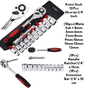 1/4 KUNCI SOK SOCK SET 1/4" 12 PCS / SOCKET WRENCH - Kunci Sok Sock Socket Set 12 Pcs Murah 1/4 inch