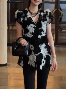 QINGNAER | French Elegance Black Embroidered V-Neck Short Sleeve Blouse Plus Size