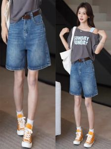 กางเกงขาสั้นยีนส์ทรงตรงเอวสูงสำหรับผู้หญิงไซส์ใหญ่ในช่วงฤดูร้อนปี 2025 กางเกงขาสั้นทรงตรงทรงเข็มขัดแบบลำลอง กางเกงยีนส์ทรงเข้ารูปสำหรับผู้หญิง