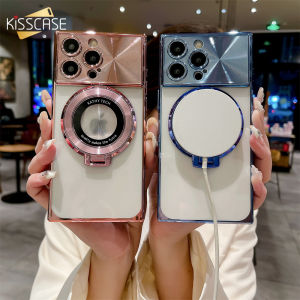 KISSCASE Square Large Window Magsafe Bracket Stand Phone Case For iphone 15 14 13 Pro Max 15 14 Plus Wireless Charging Plating Lens Protection Clear TPU Anti-fall Shockproof Back Cover For iphone 15 14 13