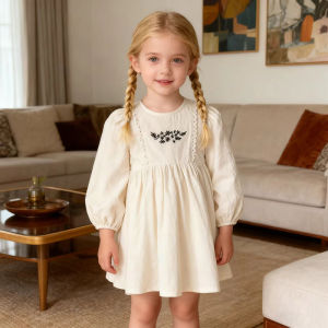 Autumn Spring Toddler Girls Retro Dress Cotton Dress Loose Long Sleeve Embroidery Babys Girl Sweet Dress Spliced Children Girls