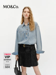 MOCO Denim Workwear Shirt Cotton Long Sleeve White Washed Pocket Shape Loose Fit Female Fashion Spring Season Collar Neckline