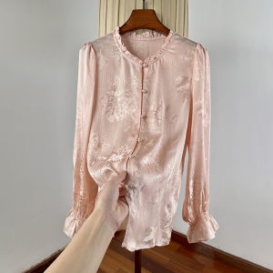 Retro Silk Charmeuse Blouse Womens Early Spring Bell Sleeve Floral Embroidery Elegant Classy Chinese Production Long Sleeve
