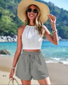 Quần Short Nữ Cotton Gai Lưng Cao Mùa Hè Kiểu Dáng Đơn Giản Màu Trơn Hai Túi Rộng Rãi Mềm Mại Dành Cho Thiếu Nữ
