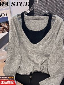 สไตล์ฝรั่งเศส หวาน และถักสีเทาเผ็ด เสื้อท่อนบน ผู้หญิง ฤดูใบไม้ร่วง ฤดูหนาว คอวี มีฟองน้ำ เสื้อเบสเกาหลี หลวม แขนยาวพอดี