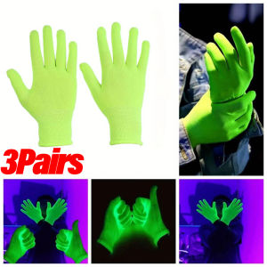 3Pairs Fluorescent Green Gloves Anti-Slip Breathable Elastic Work Gloves Glow in the Dark Neon Glove Party Supplies Bar Atmosphere Props