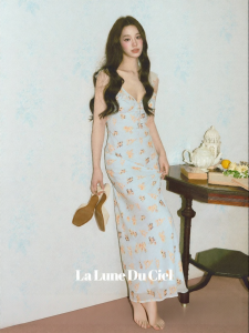 La lune Du ciel | Đầm In Hình Dáng Cá Hồi Thon Eo Cao Cổ Pháp Phong Cách Retro Mùa Hè