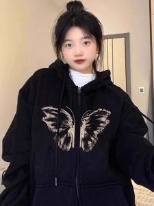 เสื้อสเวตเตอร์มีฮู้ดแบบหลวมๆ สไตล์อเมริกันย้อนยุคสำหรับผู้หญิง ฤดูใบไม้ผลิและฤดูใบไม้ร่วง เสื้อคลุมคาร์ดิแกนบางๆ ทรงหลวมๆ สไตล์ลำลอง