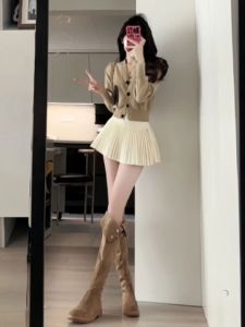 Bộ Váy Ngắn Dệt Kim Phong Cách Hàn Quốc Mùa Thu Bộ Váy Ngắn Và Áo Len Dệt Kim Hai Mảnh Cỡ Nhỏ Thoải Mái Thường Ngày Mùa Thu