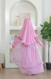Ayesha Dress Kids +HIJAB / Gamis Anak Kombinasi Bahan Jersey Mix Tille Dot / Dress Anak Usia 5-8 Tahun / Baju Muslim Anak Perempuan / Dress Lebaran Anak Modern 2025 Terlaris