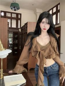 GUZILIAN | Retro Lace Trim Shirt Jacket Womens Summer Fashion Two-Piece Set Slim Fit Strap Vest Trendy Pure Desire Style Long Sleeve