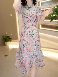 New Chinese Style Young Womens Summer Dress Skirt Asymmetrical Floral Patterned Qipao Dress Elegant Short Sleeve Stand Collar