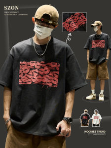 เสื้อยืดคู่รักคอตตอนแท้แขนสั้นลายปากแฟชั่นฤดูร้อนสำหรับผู้ชาย ทรงหลวม สไตล์อเมริกัน คอกลม ลำลอง ระบายอากาศได้ดี