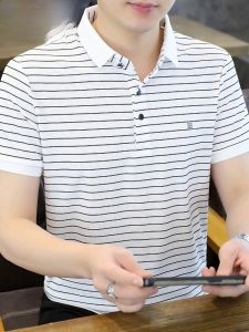 HENGYUANXIANG | Hengyuanxiang Mens Ice Silk Polo Shirt Short Sleeve Casual Turn-down Collar Stripe T-shirt Breathable Lightweight Summer Fashion Urban Style