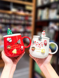 Christmas Themed Ceramic Mugs: Creative Home Use Coffee Cups with Lid & Spoon