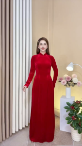 Áo Dài Chất Liệu Nhung The Cao Cấp - Hàng May Thủ Công Tỉ Mỉ Từng Áo - Màu Đỏ Tươi Trơn Cổ 3P