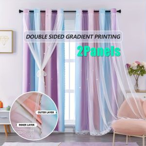 2Panels Elegant Purple Double-Sided Gradient Double-Layer Gauze Star Curtains Can Be Used on Both Sides Privacy Protection Blackout Partition Decorative Curtains Suitable for All Seasons