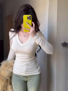 เสื้อยืดคอกว้างแขนยาวทรงสลิมฟิตสำหรับผู้หญิง เสื้อชั้นในเอวสูงกระชับสัดส่วน เสื้อผ้าทำงานฤดูใบไม้ร่วงสีพื้น