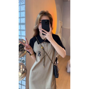 Color Block Polo Collar Dress Women Summer New Loose Knee Length Shoulder T-Shirt Dress A-Line Silhouette Pure Color High Waist