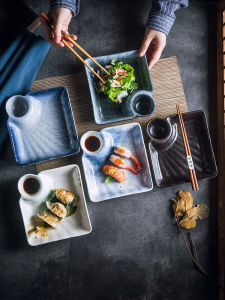 2025 New Ceramic Dumpling Plate with Vinegar Dish Integrated Design Japanese Sushi Style Four Grid Dinner Plate Dumpling Dish