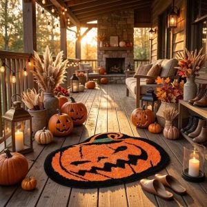 VIKAMA Fall Pumpkin Shaped Doormat Non Slip Water Absorb Rug Halloween Farmhouse Porch Entry Home Decor