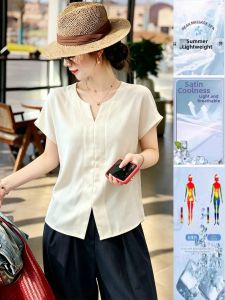 Loose Drape V-Neck Short Sleeve Acetate Satin Blouse