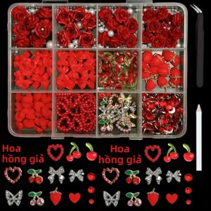 Phụ Kiện Trang Trí Móng Tay Hình Trái Tim Nơ 3D Màu Đỏ Dâu Tây Bướm Hợp Kim Thiết Kế Chân Thực Sáng Tạo Tự Làm Cho Ngày Lễ Tình Nhân