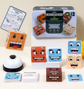 Interactive Changeable Face Cube Expression Blocks with Bell for Toddlers Children Parent-Child Intelligence Toys Wooden Puzzle