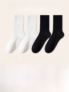 JINGCHI | Spring Autumn Cotton Socks Womens Mid-Calf No-Cuff Long White Socks Breathable Comfortable Absorb Sweat For All Seasons