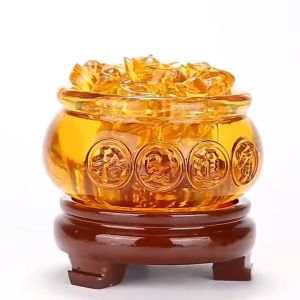 已开光 水晶琉璃聚宝盆 聚财风水摆件 黄水晶元宝 招财开运 聚宝盆 办公室摆件 开业礼品 家居装饰 Feng Shui Ornaments Crystal Treasure Bowl Home Decoration