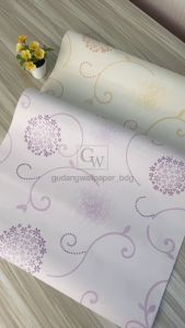 Wallpaper Vinyl Dinding Motif Bunga Madu Garis Lengkung Warna Ungu Muda Kuning Muda Pastel Series