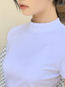 Áo Thun Cotton Dệt Kim Tay Ngắn Màu Trắng Ôm Vừa Vặn Mùa Hè 2024 Thường Ngày Phong Cách Hàn Quốc Tay Ngắn Cổ Cao