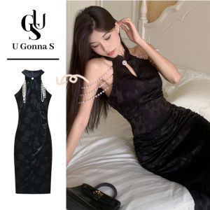 ชุดกี่เพ้ายาว2024ทันสมัยสำหรับผู้หญิงชุดรัดรูปกับมุกปกจีนเสื้อผ้าหรูหราเซ็กซี่แบบดั้งเดิมเสื้อผ้าแฟชั่นยืดได้ปาร์ตี้มื้อเย็นช่วงเย็นสีดำสีแดง