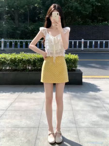 NIUVIES | Đầm A-line Chấm Bi Vàng Mới Phong Cách Hè Dành Cho Người Thân Hình Nhỏ Gọn