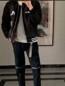 Black Zipper Knee High Slim Fit Jeans Mens Four Seasons Style Nine Points Trendy High Street Brand Jeans Youth Casual Denim